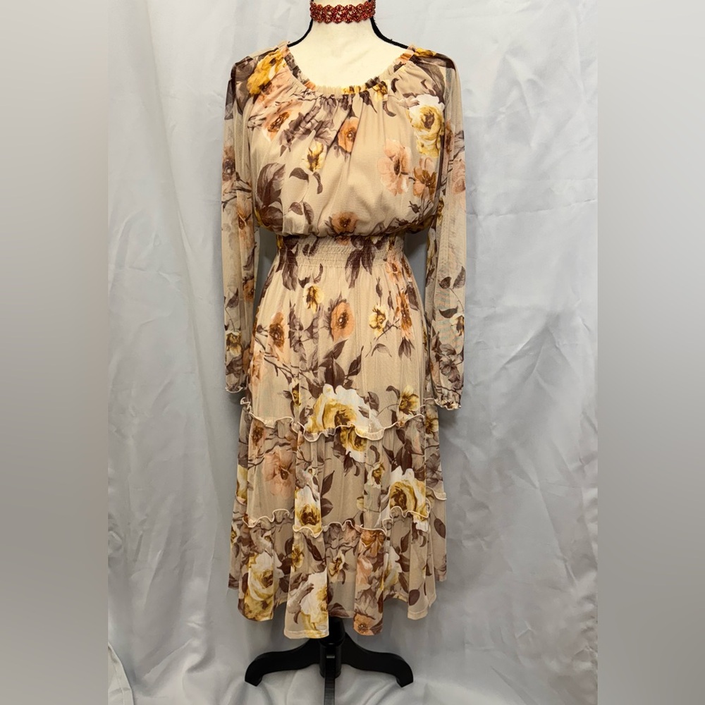 Kate & Lily Autumn Brown Floral Tiered Midi Dress Off Shoulder 10  Boho NEW